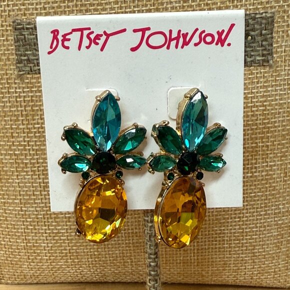Betsey Johnson Pineapple Rhinestone Earrings With Yellow & Green Gemstones - Picture 8 of 8